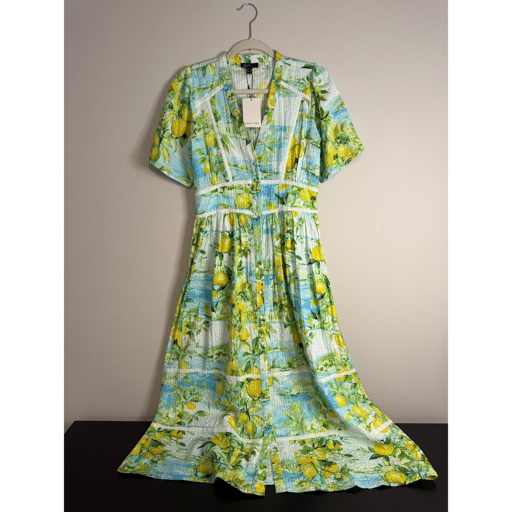 Nobody's Child NEW Women's US 4 Green Lemon Print Sorcha V-Neck Midi Dress